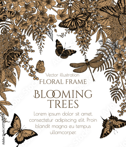 Vector frame of flowering trees and insects. Cherry blossom, wisteria, lilac, mimosa monarch butterfly, dragonfly, peacock butterfly, butterfly swallowtail, pieridae, butterflies admiral, podalirius
