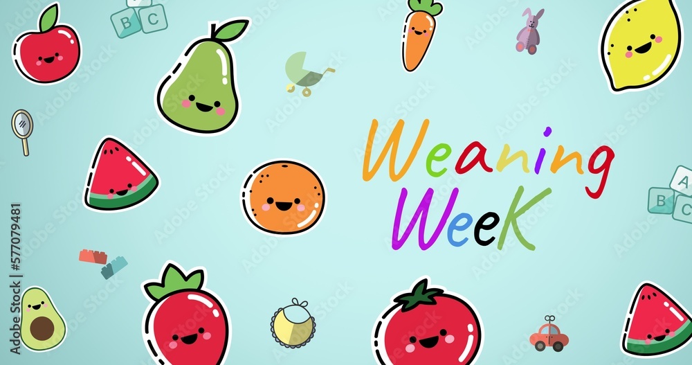 Digitally generated image of various fruits with anthropomorphic faces and weaning text Digitally generated image of various fruits with anthropomorphic faces and weaning text