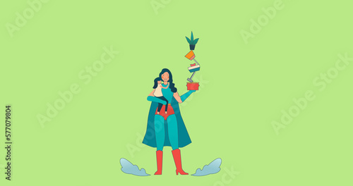 Image of superhero mother with daughter icon over plants