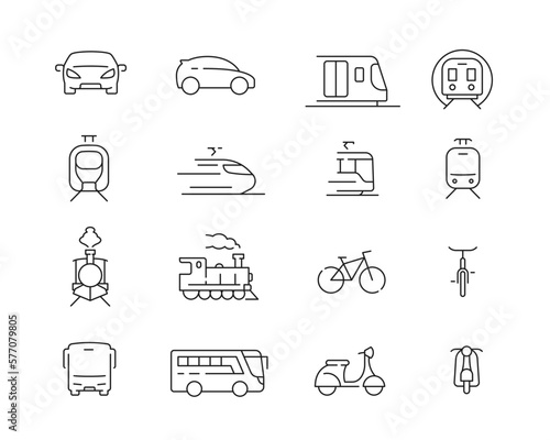 Transport Vehicles Icon collection containing 16 editable stroke icons. Perfect for logos, stats and infographics. Change the thickness of the line in Adobe Illustrator (or any vector capable app).