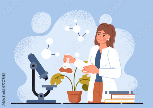 Chemist experience concept. Woman with test tubes with substance stands near microscope, researching. Molecular biology and chemistry. Drug and medicines development. Cartoon flat vector illustration