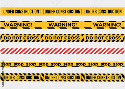 Warning tapes set for construction and crime. Vector illustration. Yellow security warning tapes set Caution