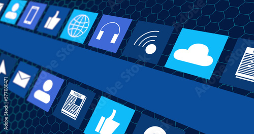 Fototapeta Naklejka Na Ścianę i Meble -  Image of digital online icons and blue stripe moving over hexagons on dark blue background