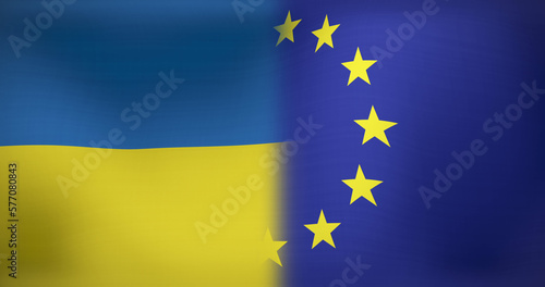 Image of moving and floating flags of ukraine and eu