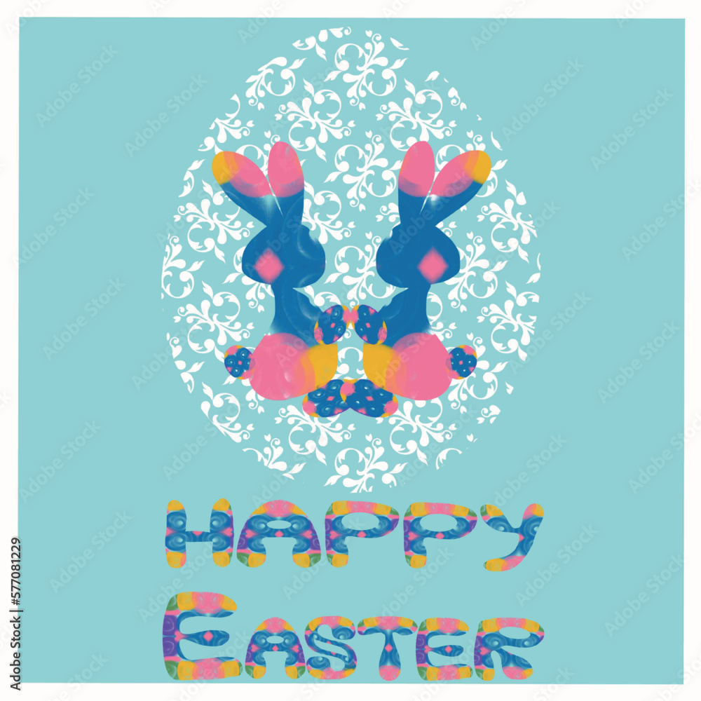 easter card with bunny a couple of bunnies congratulates on Easter,an openwork white Easter egg,colored rainbow bunnies,easter bunnies,happy easter