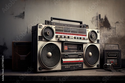 Design That Is From The Past Background Of Front Concrete Wall With Ghetto Blaster Boombox Stereo Radio Cassette Tape Recorders Tower From The 1980S. Filtered Picture With A Retro Feel. Generative AI photo