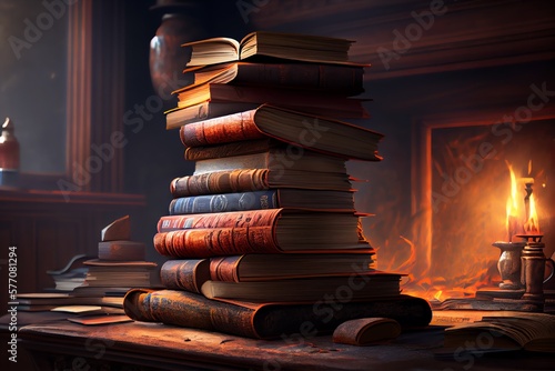 Stacks Of Books By The Fireplace. Generative AI