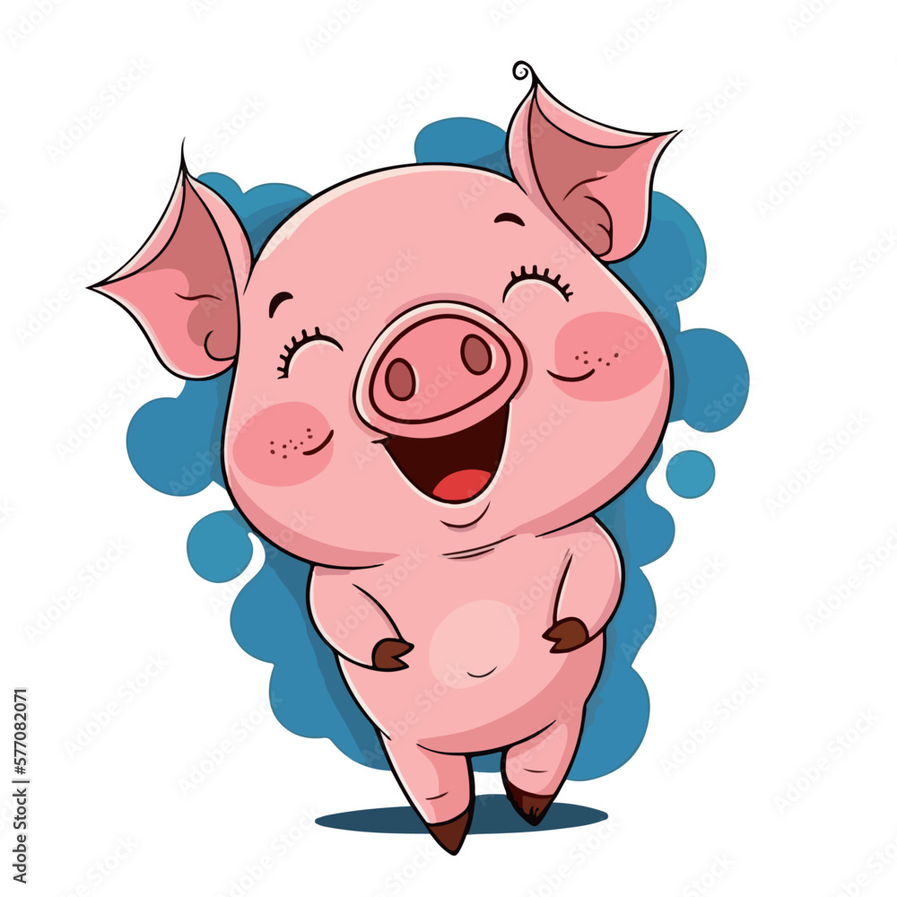 Little pink and cheerful pig. Little baby pig. A friendly little pig with big dark eyes. Nice character graphics made in vector graphics. Illustration for a child.