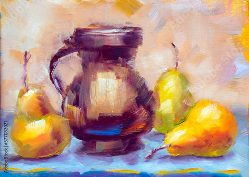 Still life with jug and fruits. Oil painting