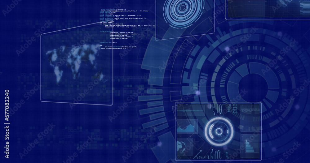 Image of data processing and digital icons over scope spinning Image of data processing and digital icons over scope spinning