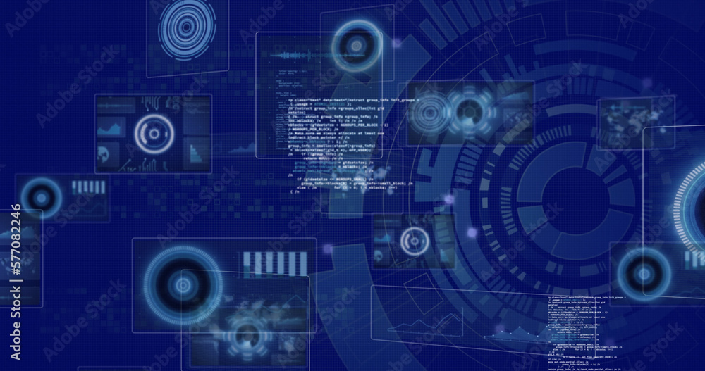 Image of data processing and digital icons over scope spinning Image of data processing and digital icons over scope spinning