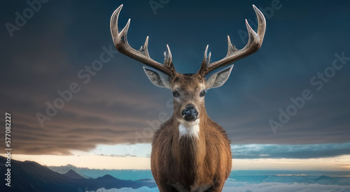 A majestic deer with big horns on top of a mountain. AI Generative.