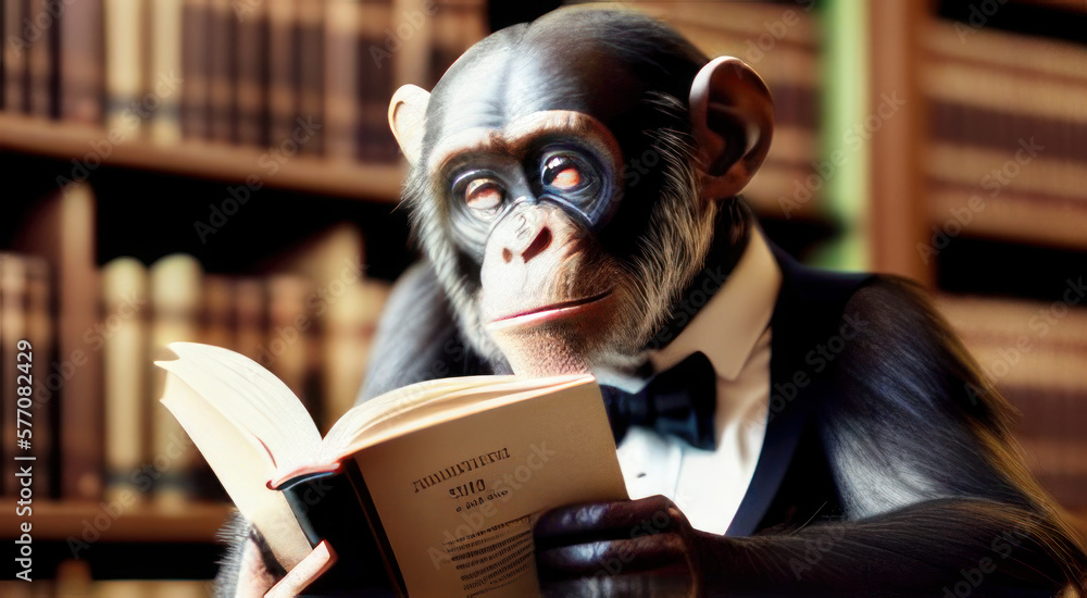 A chimp reading a book in a library with a black bowtie. AI Generative. A chimp reading a book in a library with a black bowtie. AI Generative.