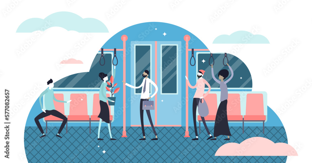 Daily life commuting illustration, transparent background.Flat tiny move to work persons concept.Everyday transport infrastructure for delivery labor to job place. - obrazy, fototapety, plakaty 