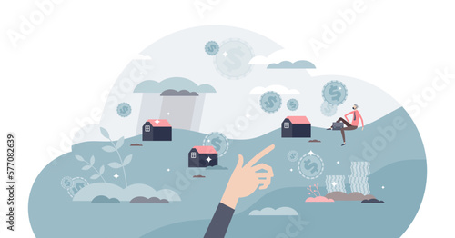 Choose property and buy new house from options in market tiny person concept, transparent background. Home real estate agent offers to pick up best financial project in downtown illustration.