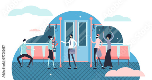 Daily life commuting illustration, transparent background.Flat tiny move to work persons concept.Everyday transport infrastructure for delivery labor to job place.