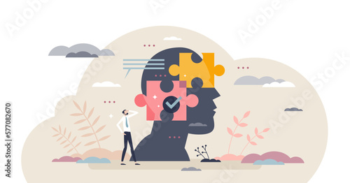 Decision mind puzzle and problem solving in head or brain tiny person concept, transparent background. Analysis process with symbolic jigsaw puzzle pieces illustration.