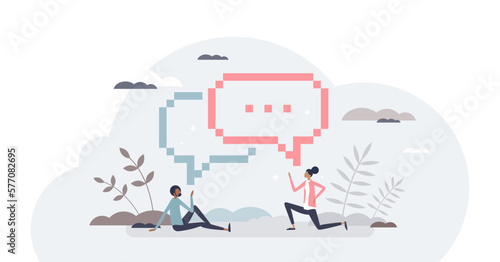Digital communication and talk using online chat messages tiny person concept, transparent background. SMS technology service for cellphone text conversation illustration.