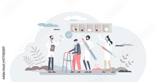Geriatrics as senior medical health care and assistance tiny person concept, transparent background. Hospital appointment for retired patient illustration. Doctor consultation and treatment help.