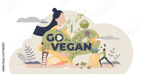 Go vegan as green and raw food eating for healthy diet tiny person concept, transparent background. Lifestyle with vegetables, greens, plants or fruits consumption and exclude meat.