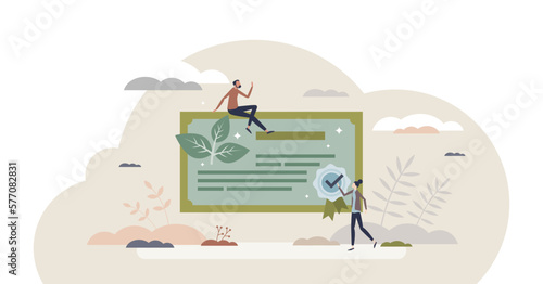 Green certificate and ecological nature approval diploma tiny person concept, transparent background. © VectorMine