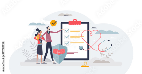 Health insurance and patient disease financial coverage tiny person concept, transparent background. Medical expenses security with life assurance agreement illustration.