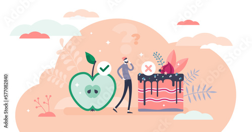Healthy choices concept, flat tiny person illustration, transparent background. Goals and plan for fit body and rich nutrition power. Daily food challenge avoiding tempting sweets and fast food.