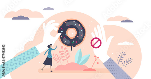 Healthy choices dieting concept, flat tiny female person illustration with giving and stopping hand, transparent background.