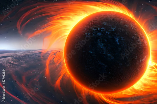Sun activity in the universe. The solar wind is destroying the planet. Flaming apocalypse, futuristic space-themed fantasy. An epic sight of the World's end. Ai-generated illustration.