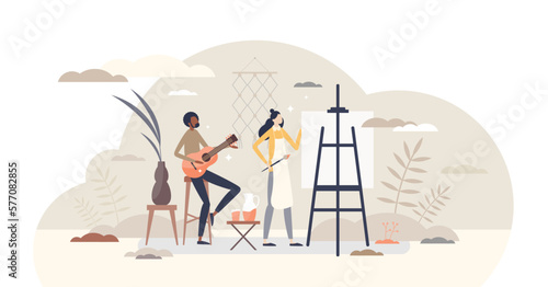 Hobbies activity or artist creative skills and music talent tiny persons concept, transparent background. Quality leisure and relaxation craft time for personal development.