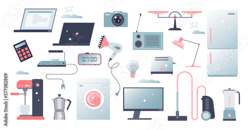 Home appliances elements with electrical household gadgets items tiny set collection, transparent background. House washing, cleaning and kitchen electronics equipment group collage.