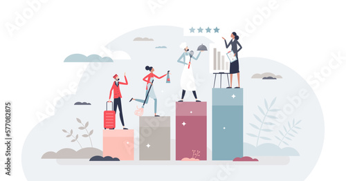 Hospitality management course with hotel staff education tiny person concept, transparent background. Cooking, lobby workers, administration and cleaning academy.