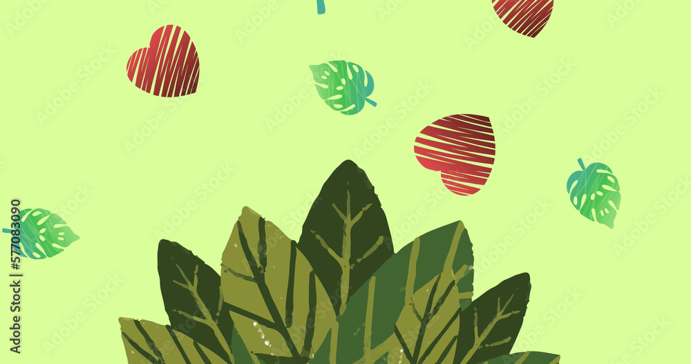Image of heart and leaves falling on green background Image of heart and leaves falling on green background