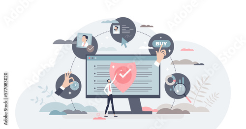 Online investment steps with stock purchase on internet tiny person concept, transparent background. Digital business finance strategy with symbolic pay, buy, sign and evaluate cycle illustration.