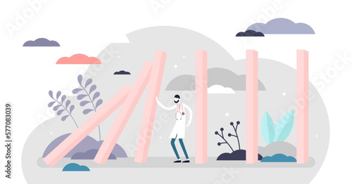Pandemic crisis domino effect chain reaction concept, flat tiny person illustration, transparent background. Public health care budged resources crash. Abstract stylized scene.