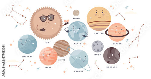Planets set with cosmos stars, moons and solar system tiny person collection, transparent background. Cute satellite sky objects with sun, neptune, mars, venus and saturn animated globes illustration.