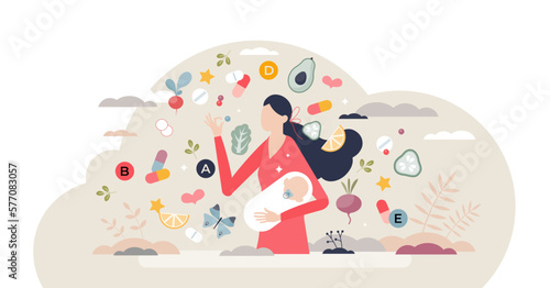Prenatal vitamins and healthy products eating after birth tiny person concept, transparent background. Multivitamin intake with fruits, vegetables and pills for newborn infant illustration.