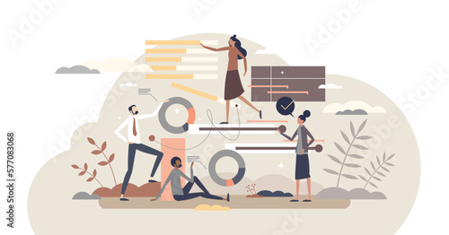 Project management software for effective business work tiny person concept, transparent background. Productive application for teamwork task organization and reports graphics illustration.