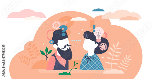 Reasoning abstract activity concept, flat tiny person couple planning and dealing with decision making process, transparent background. Stylized illustration with creative question mark.
