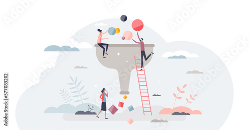 Sorting data and information stream filtered arrangement tiny person concept, transparent background. File filtration and selection for correct order and type algorithm illustration.