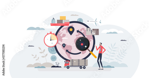 Sourcing strategy with company global channels of supply tiny person concept, transparent background. Cost efficient procurement work.