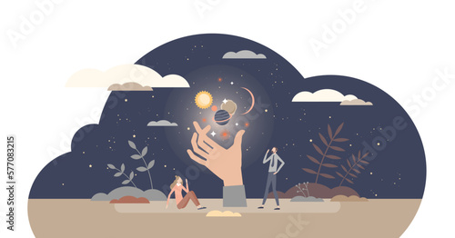Spiritual experience and supernatural astral moment tiny person concept, transparent background.