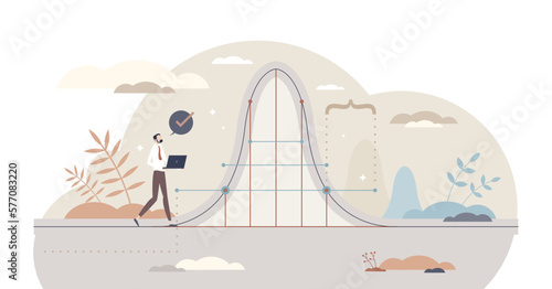 Statistics data measurement with results curved line tiny person concept, transparent background. Scientific or mathematical information outcome collecting.