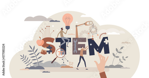 STEM study fields with science, engineering, technologies and mathematics learning tiny person concept, transparent background. Education skill set as school.
