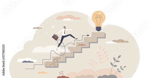 Step process, effective business progress or development tiny person concept, transparent background. Businessman growth as climb for ambitions, achievements and goals illustration.