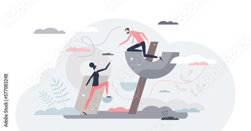 Team cowork and business partner work support for growth tiny person concept, transparent background. Teamwork collaboration and corporate partnership as giving hand to help colleague illustration.