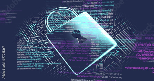 Image of data processing and padlock on blue background