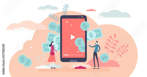 Video channel monetization concept, flat tiny person illustration, transparent background.Online influencer business and creative content producing.Mobile screen.