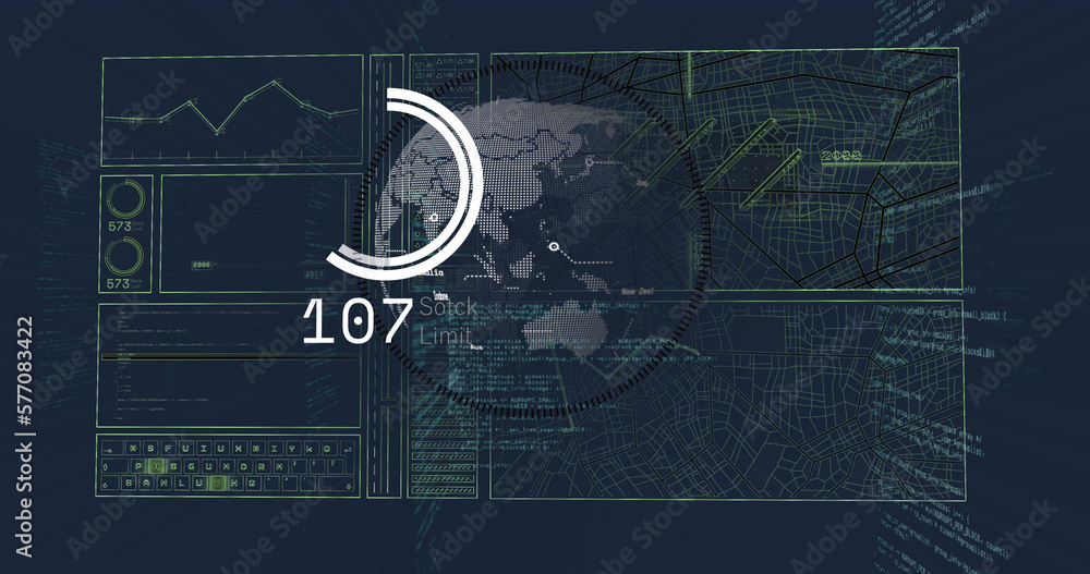 Image of data processing and globe on black background Image of data processing and globe on black background