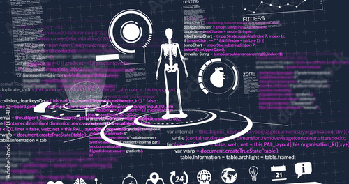 Image of data processing and skeleton on black background